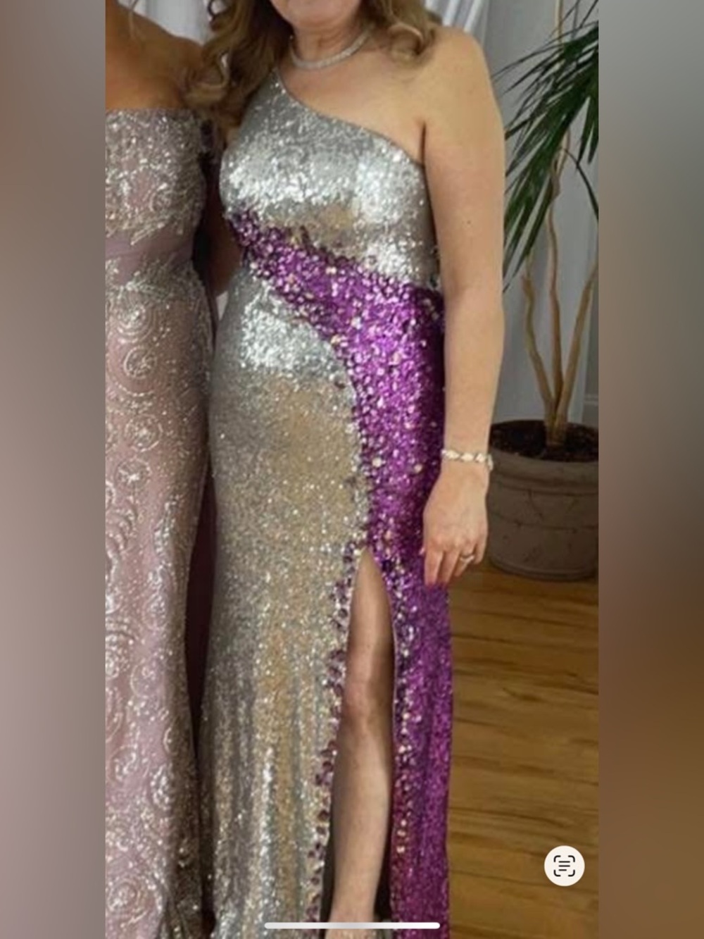 Silver and Purple Sequin One-Shoulder Evening Dress